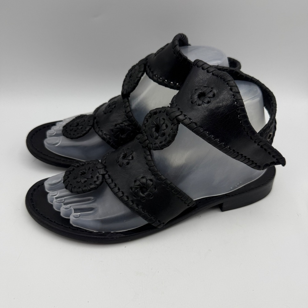 Jack Rogers Ankle Strap Sandals Womens 7.5 Black Leather Whipstitch Medallion